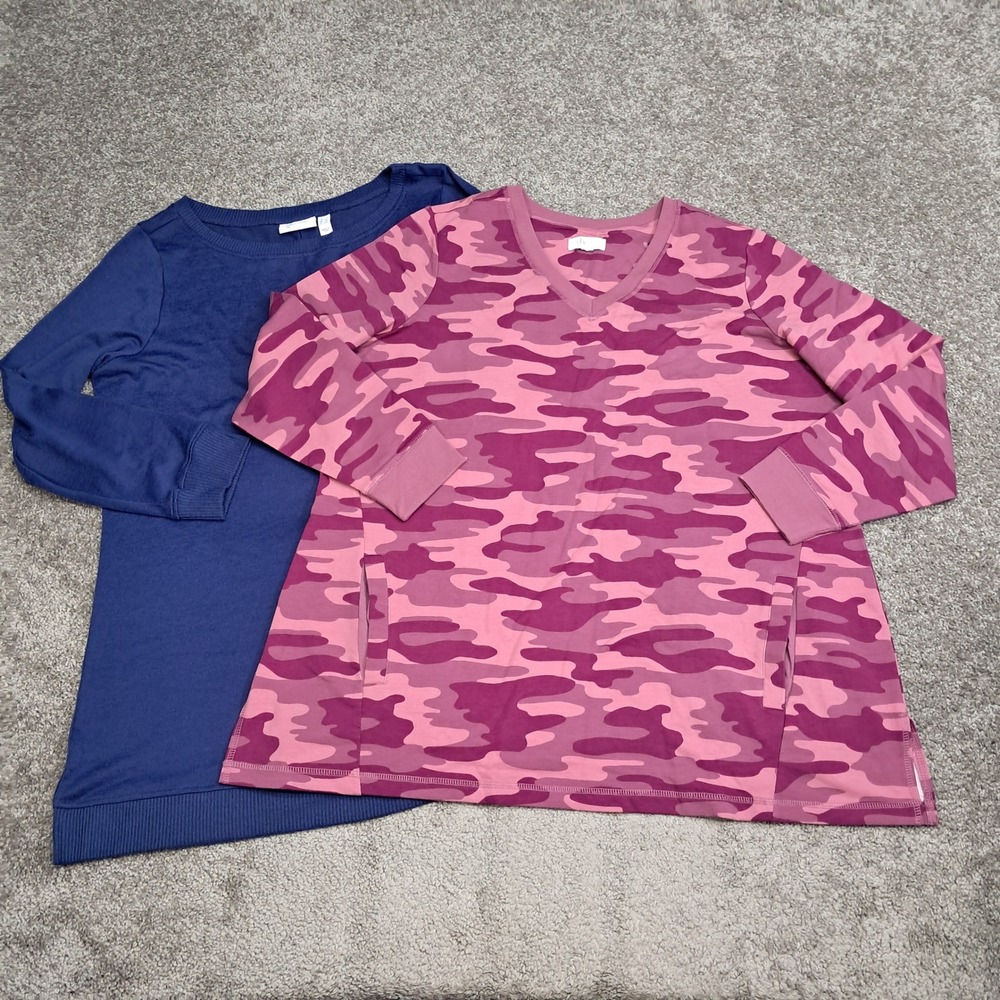 Denim & Co Active Womens 1X Tunic Bundle Navy Blue & Pink Camo Long Sleeve Tops